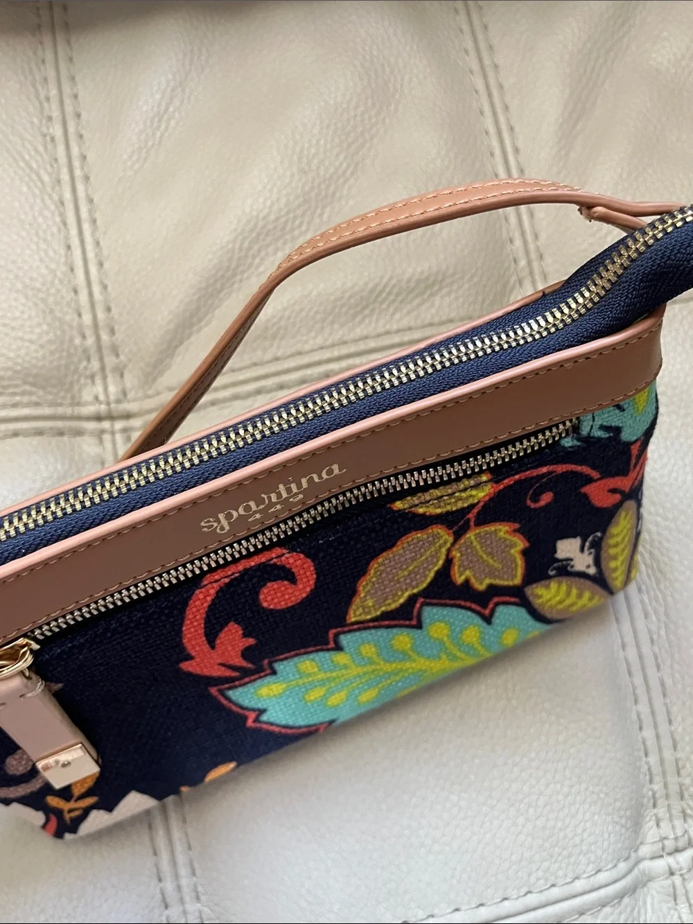 Spartina 449 Navy Floral Mini Purse with Tan Trim, Linen and Leather.